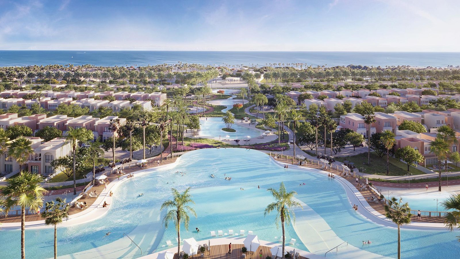 Botanica District at Ogami showing low-rise coastal residences and landscaped pedestrian streets, North Coast, Egypt