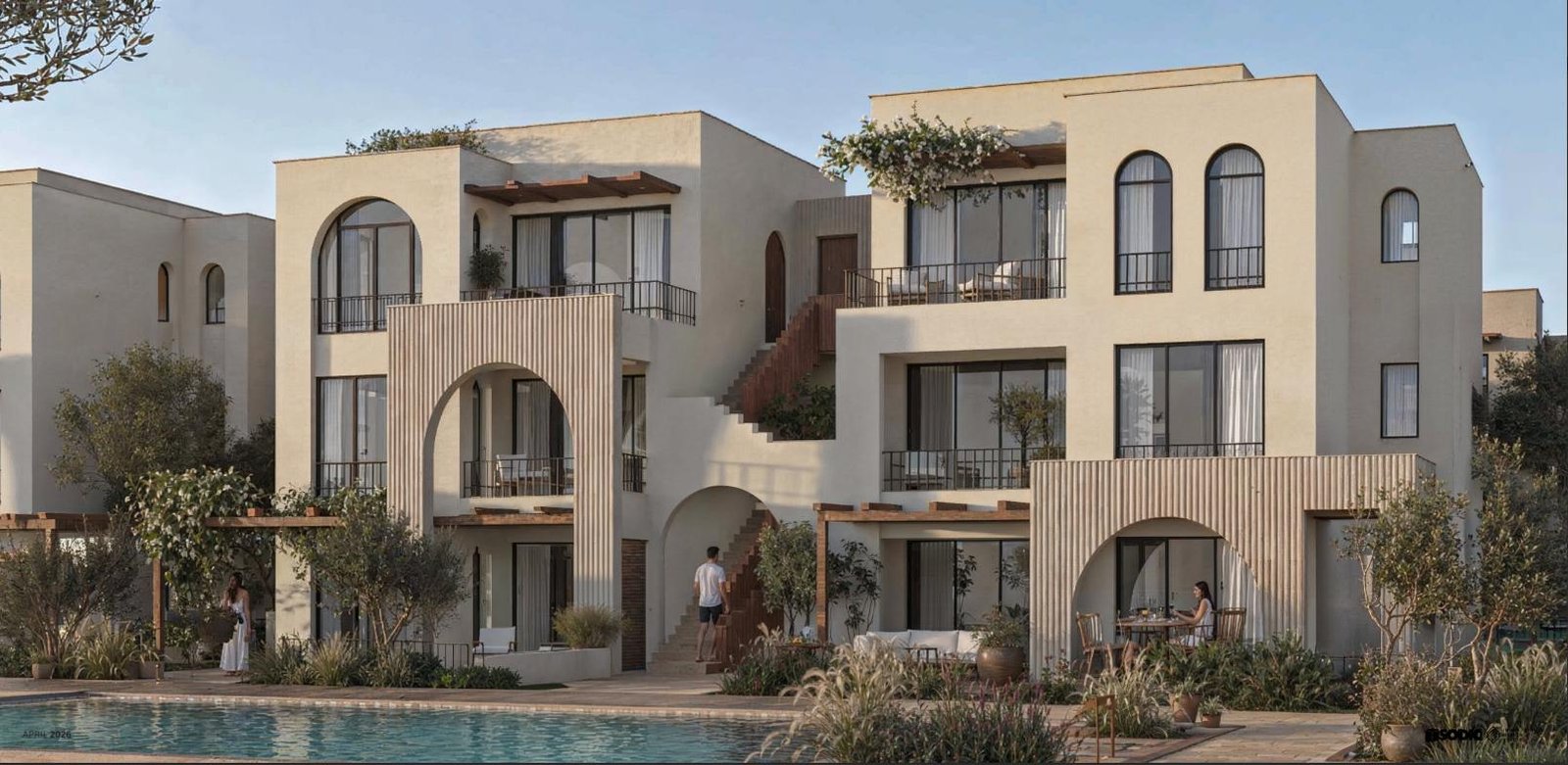 Boutique retail frontage along the pedestrian spine at Botanica District at Ogami, North Coast, Egypt
