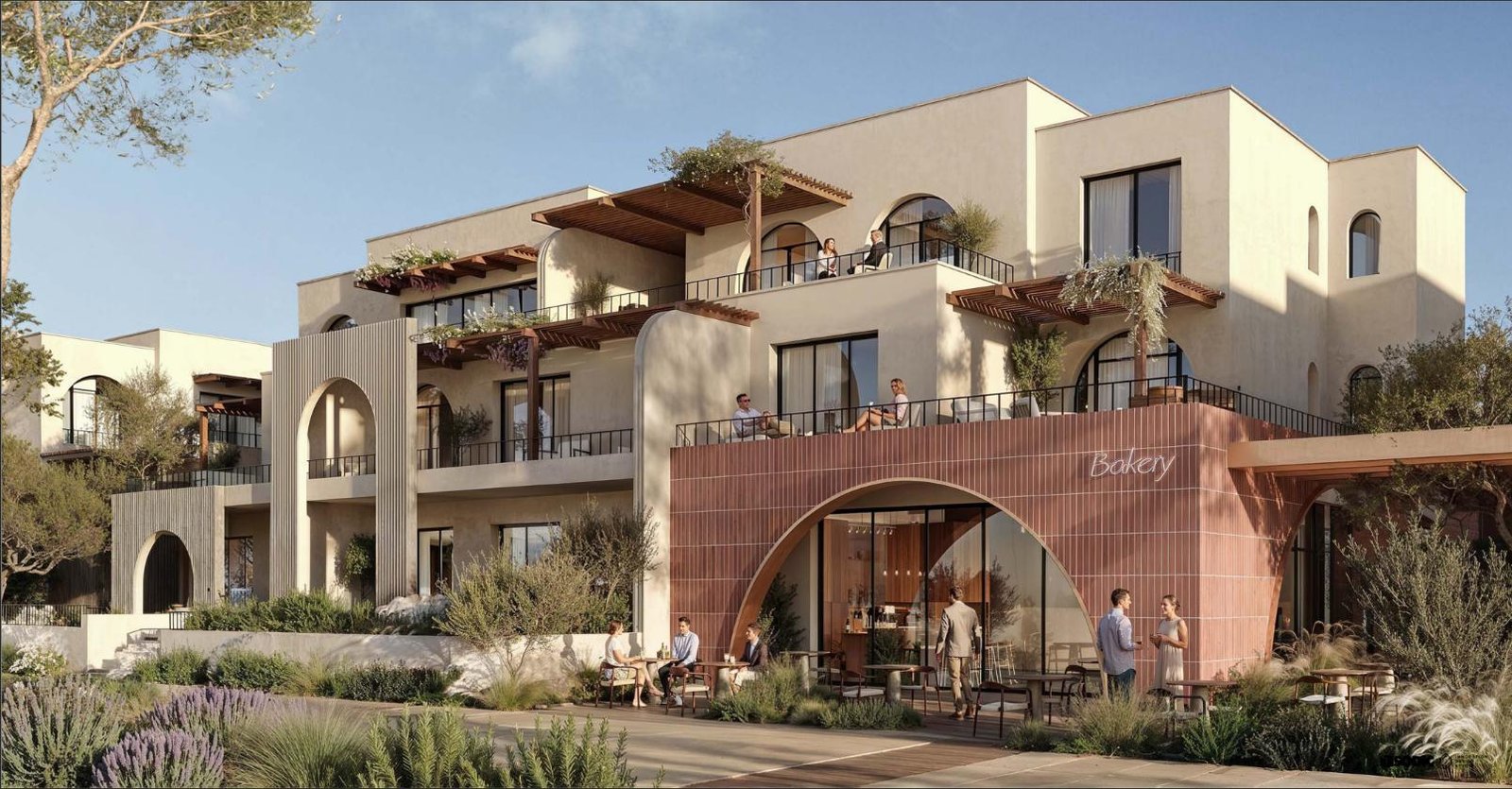 Aerial view of Botanica District at Ogami with community courtyards, pools and green corridors, North Coast, Egypt